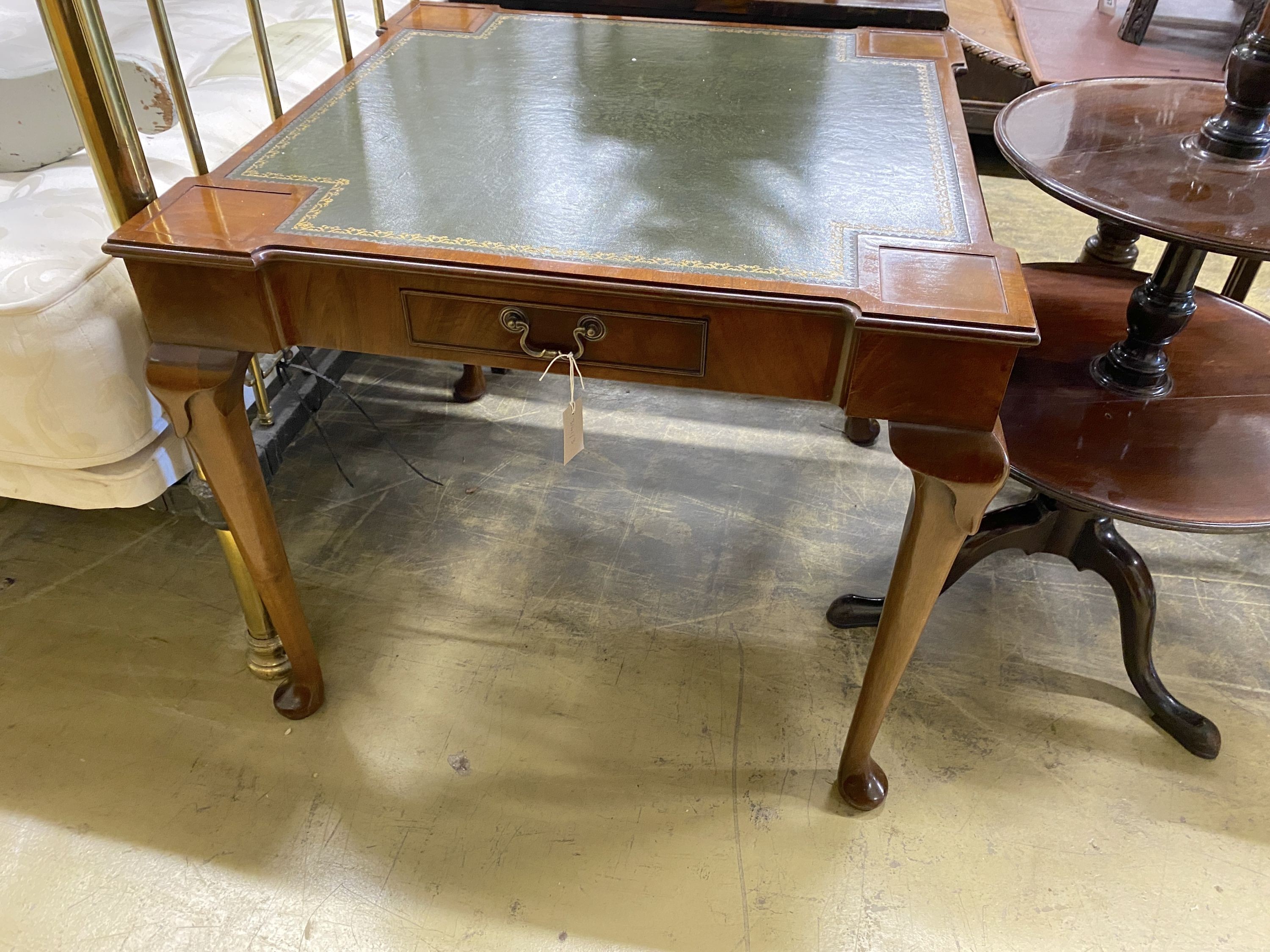 A reproduction George II style square mahogany card table with inset leather top, width 85cm, height 75cm